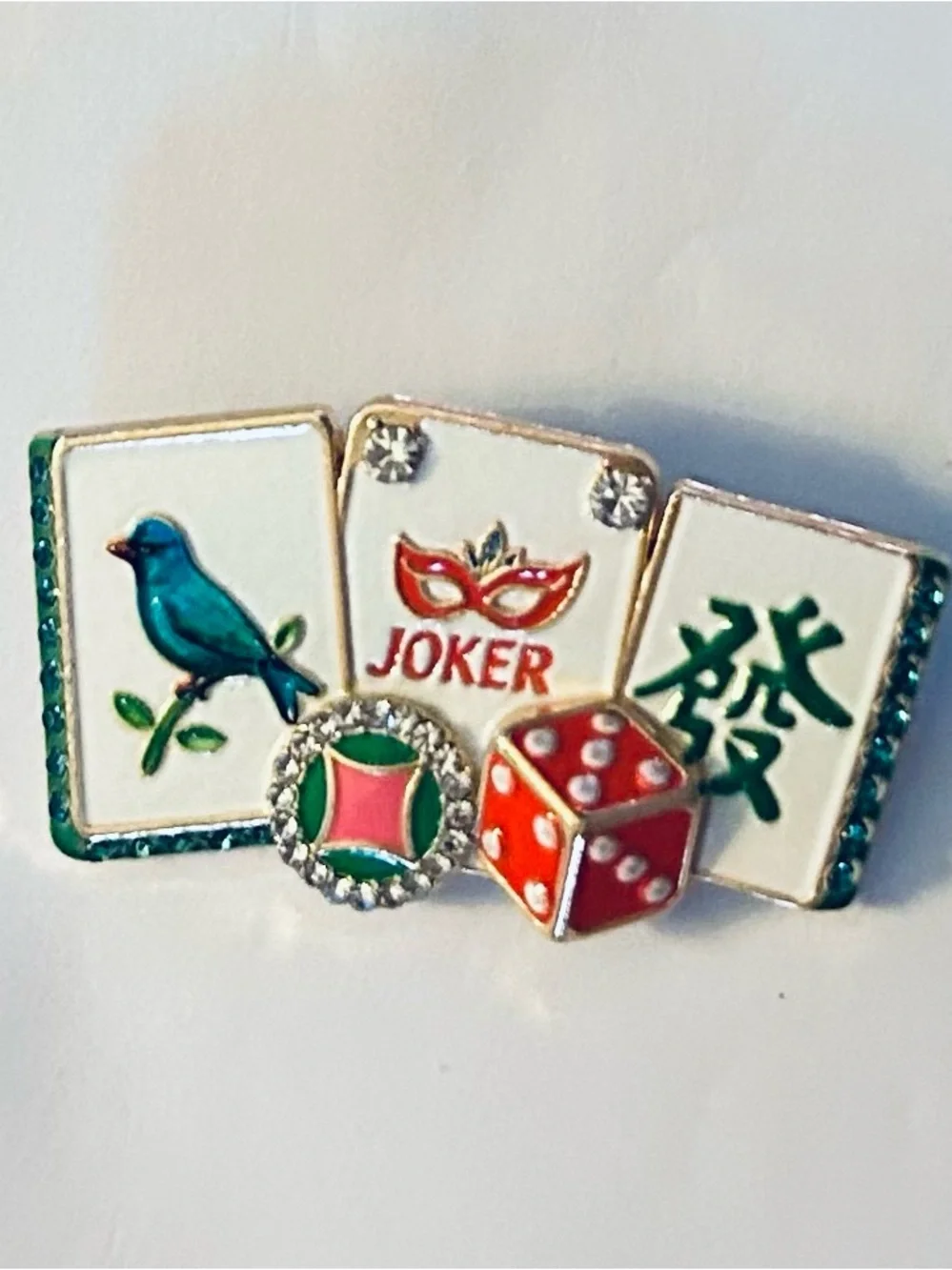 NEW stunning MAHJONG pin, brooch. White enamel, gold-tone, bright colors.